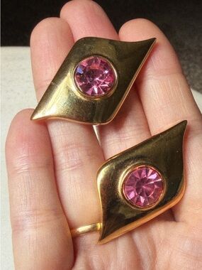 Vintage Givenchy Clip-On Earrings Gold Tone Pink Rhinestone Geometric
